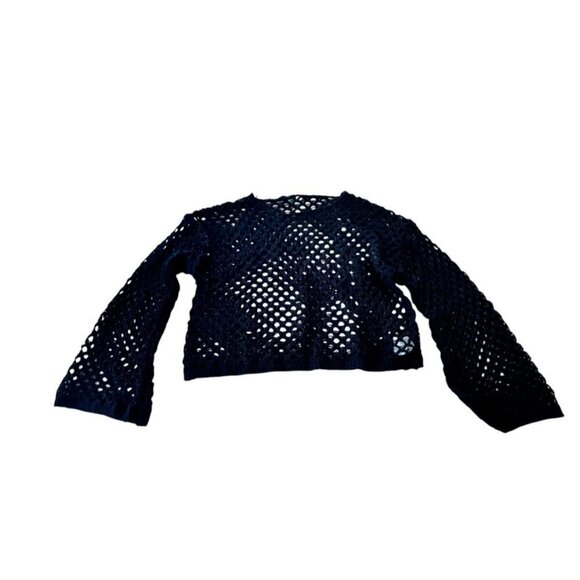 Paradise Medium Crop Open Knit Long Sleeve Beach Top NWT Vacation Black - Picture 2 of 6